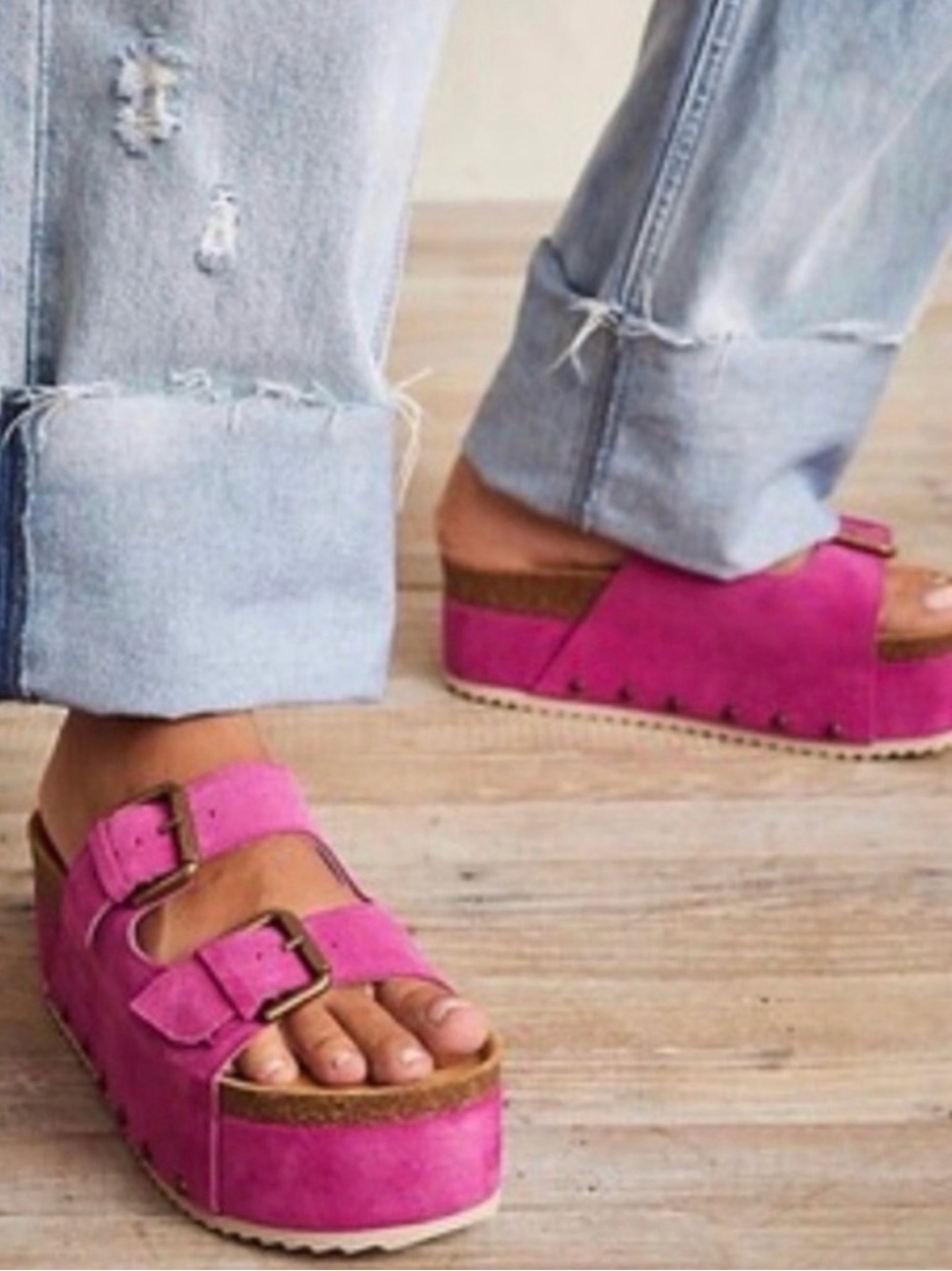 Free People Hot Pink Platform Slide Sandals with Stud Details - Picture 3 of 4